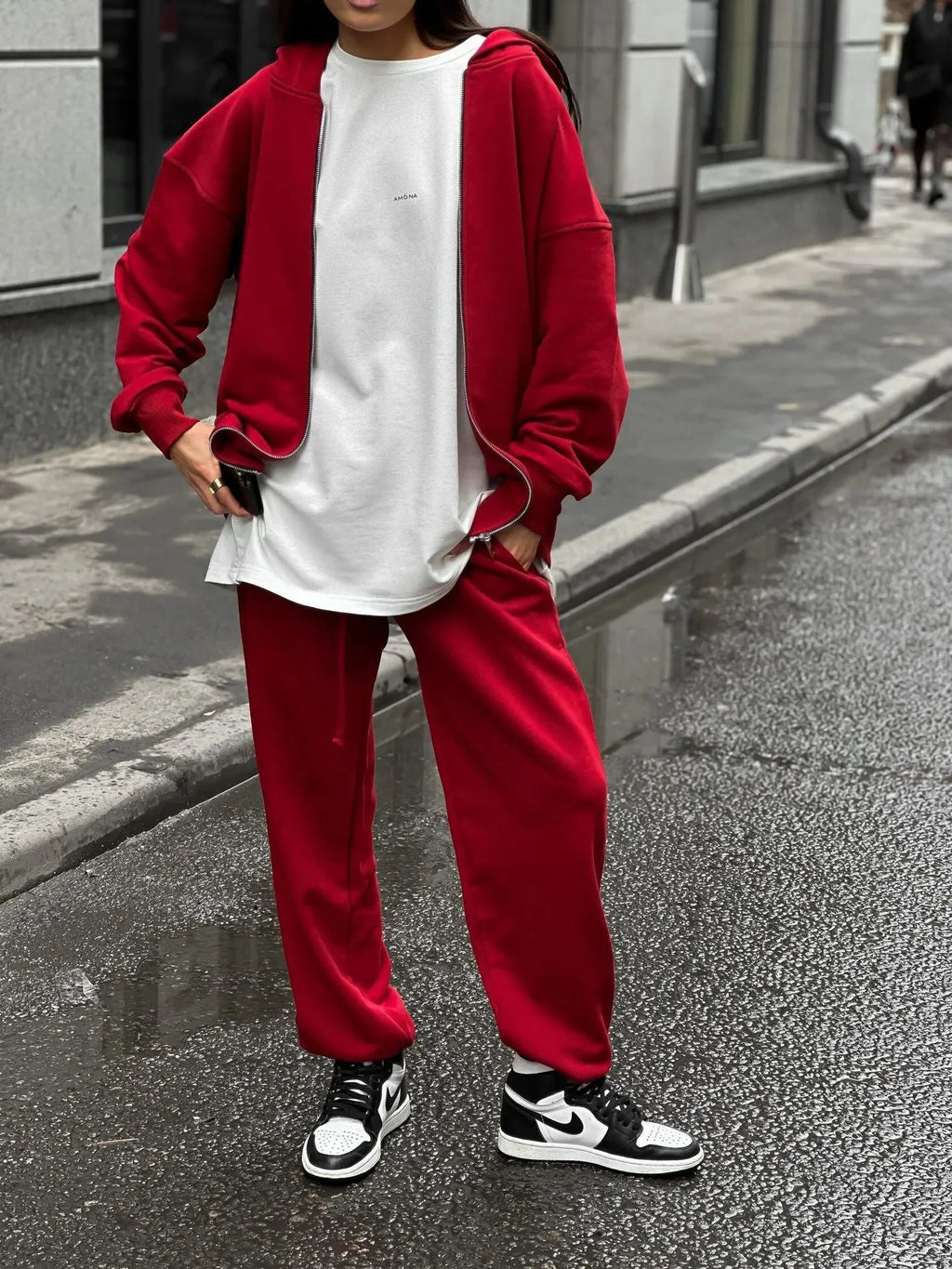 Street style long-sleeved coat and trousers two-piece set in solid colour loose fit