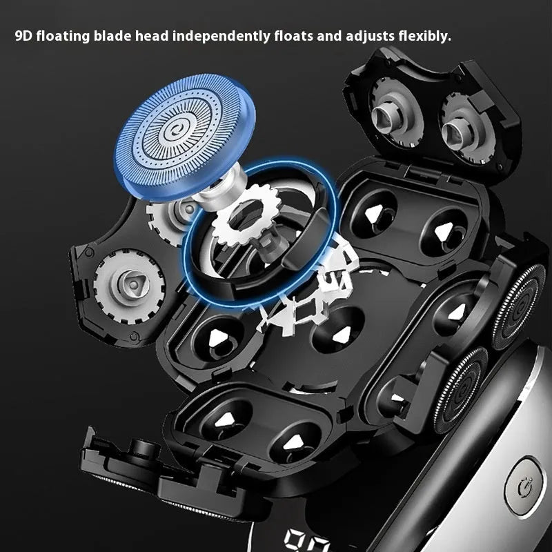 Black rechargeable 6-in-1 hair clippers and shaver kit with multiple attachments laid out