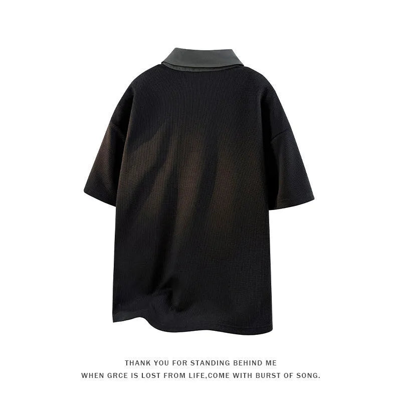 Men's apricot and black heavy Henry collar short sleeve polo sweater made from thin spandex fabric.