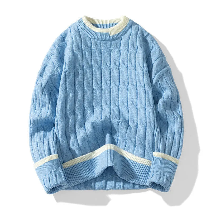 Men's loose-fit long sleeve pullover sweater in a modal acrylic blend, shown in light blue.