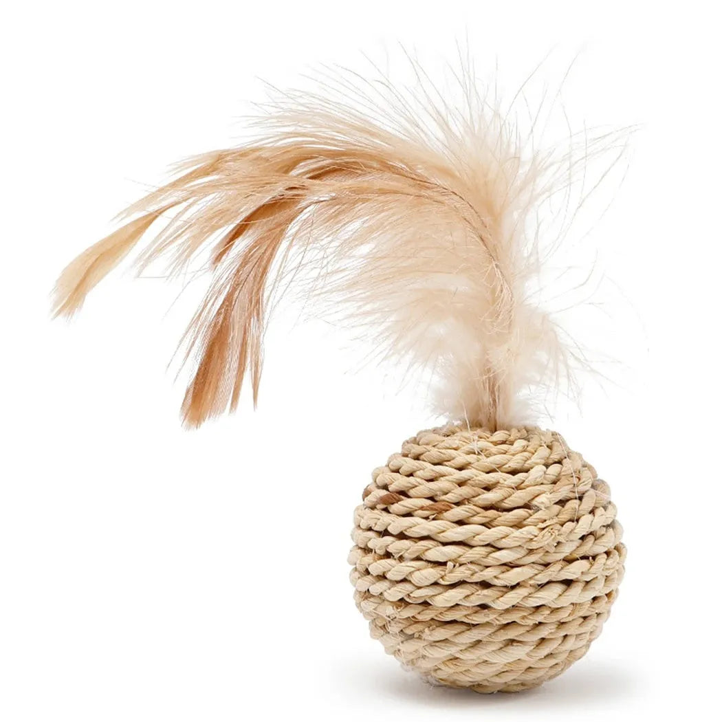 Cat toy set showing rattan ball and faux feather ball with bell, measuring 4x9cm and 3.5cm diameter respectively