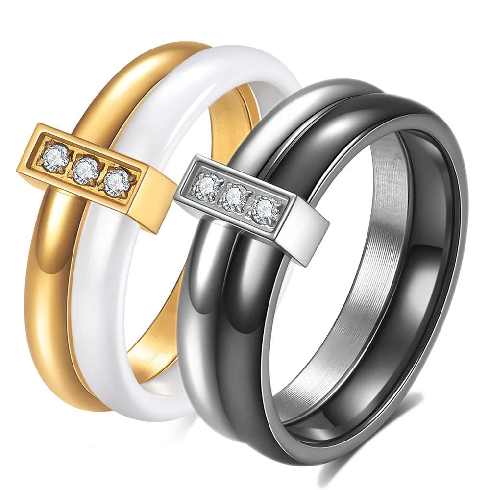 Women's ceramic ring with 6mm band width, geometric round shape, and glossy stitching detail in steel black finish