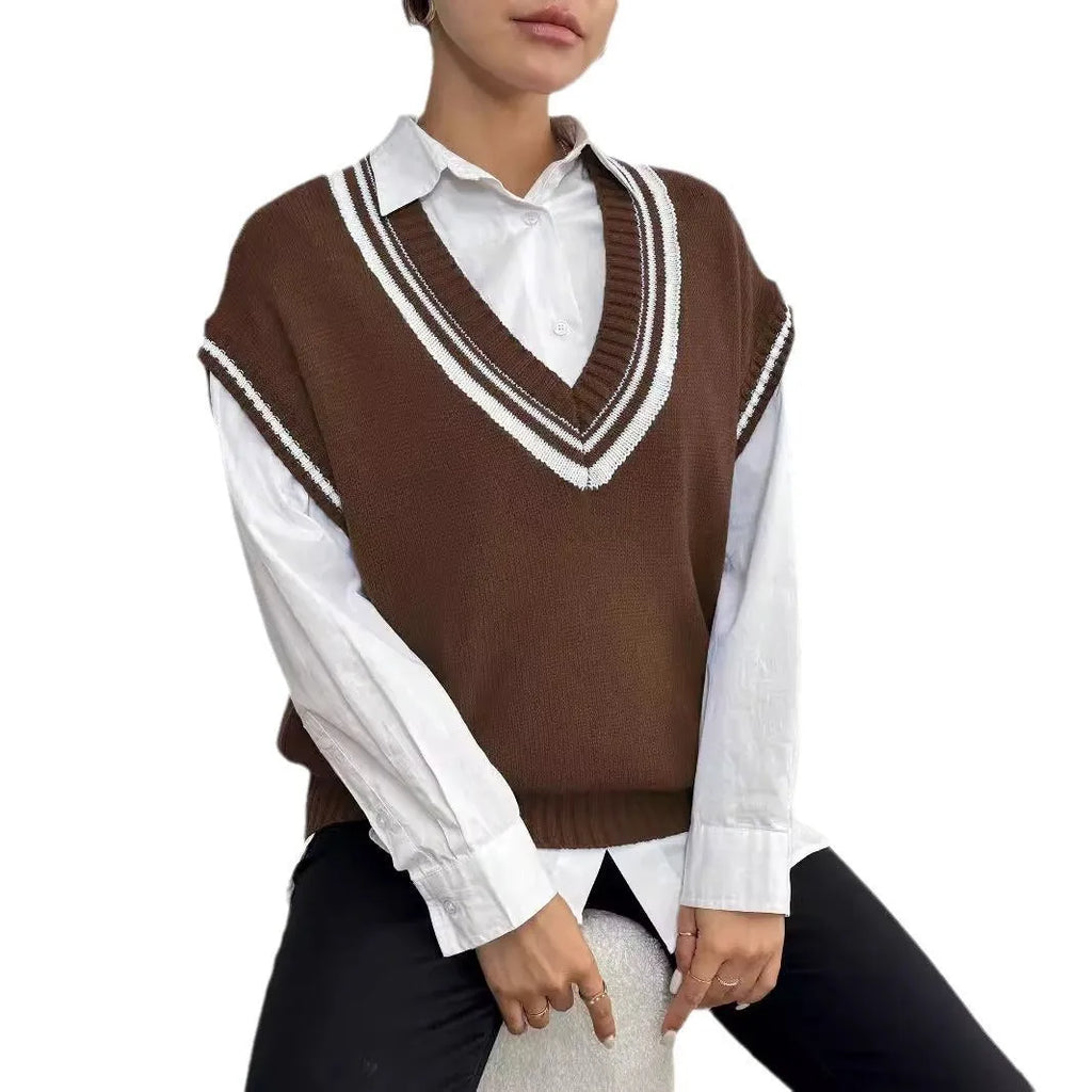 Women's college style wool vest sweater in acrylic blend fabric, loose fit, black blue coffee colour options