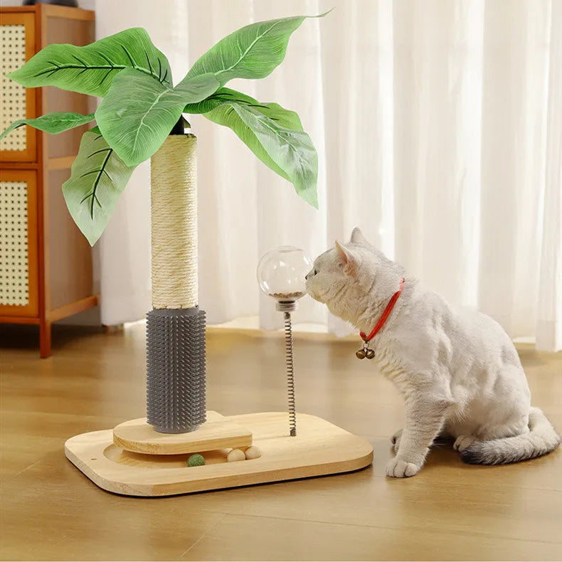 Wooden vertical cat scratching post with integrated food drop ball in canna colour