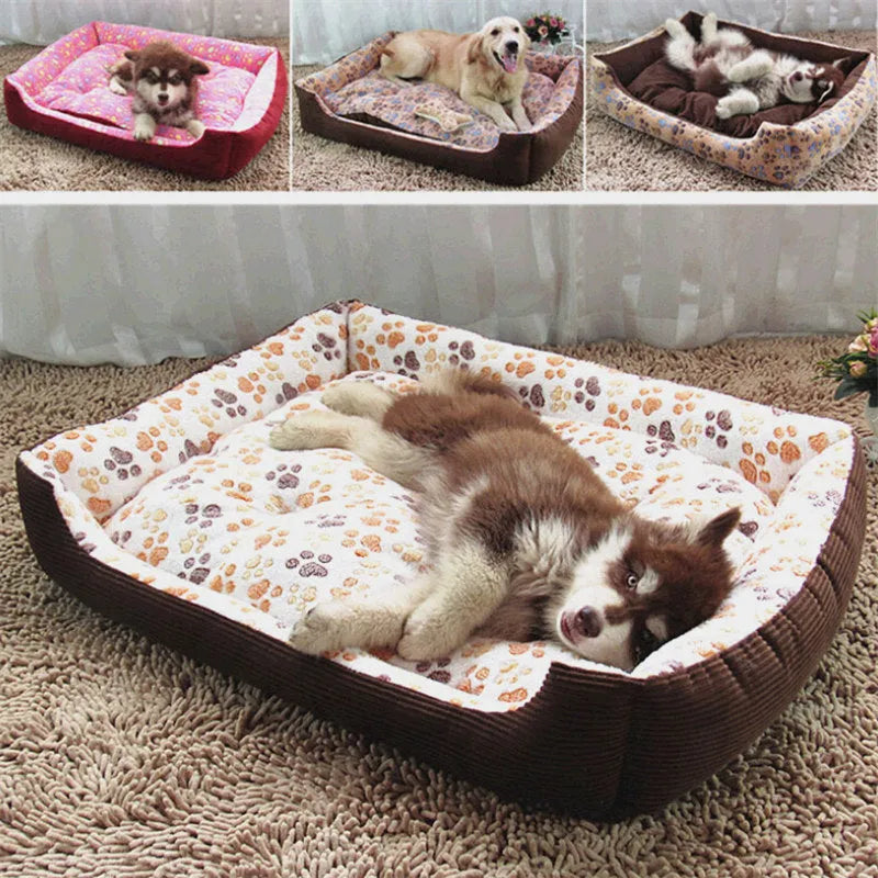 Plush pet bed mat for small dogs and cats showing size options and colour variations