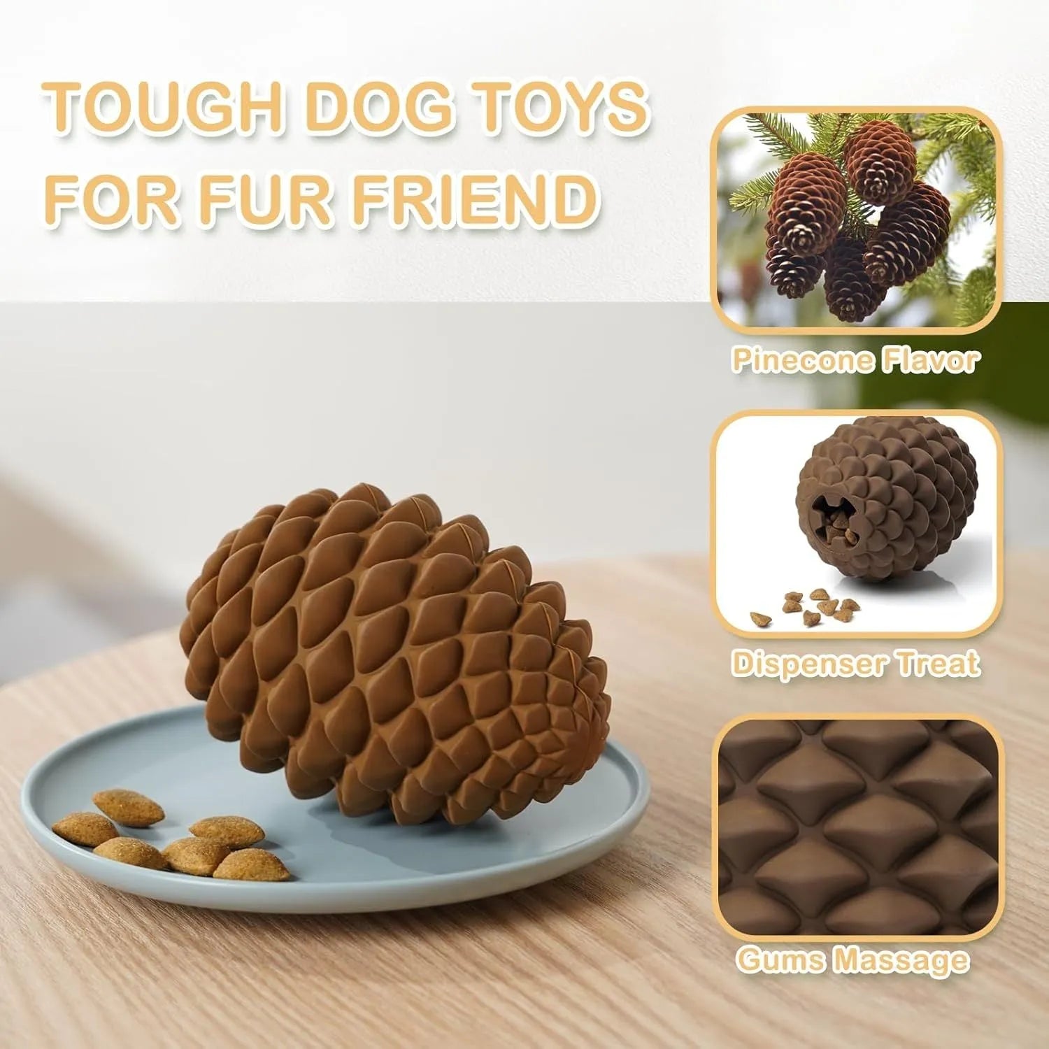 Yellow pine cone-shaped dog chew toy with textured surface and treat dispensing slot