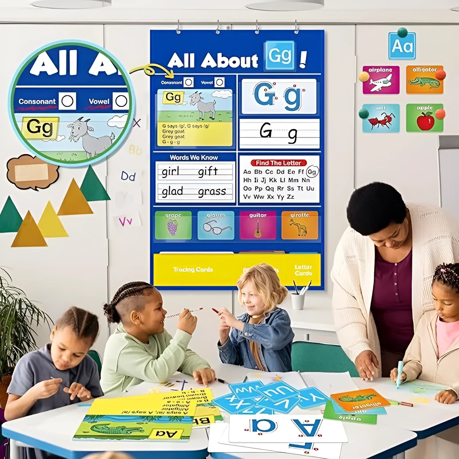 Alphabet learning sleeve table chart with word, letter, and picture cards on a flannel surface.