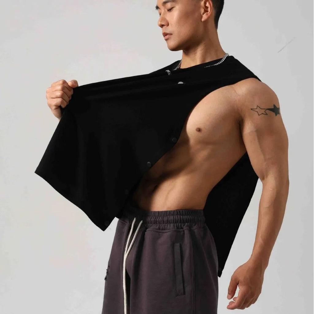 Korean style men's loose cotton fitness vest with hidden hook fastening on both sides