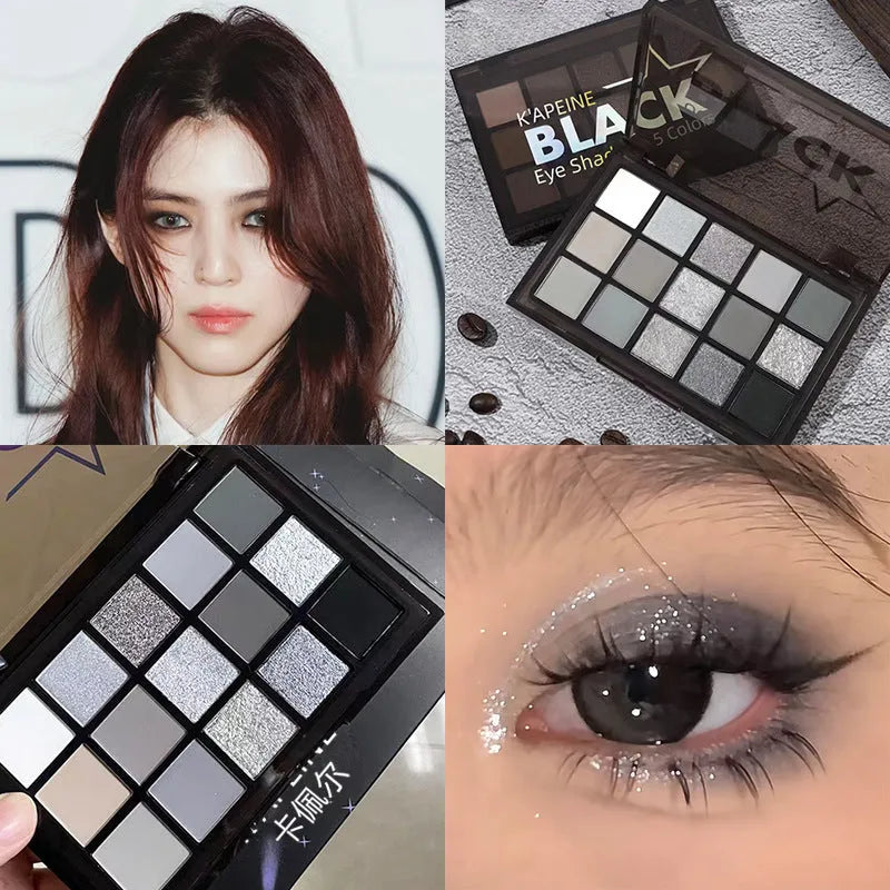 15-colour eyeshadow palette showing matte and shimmer shades including grey, black, brown, blue and earth tones