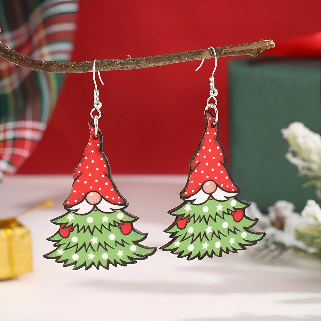 Women's wooden Christmas earrings with printed tree and snowman designs