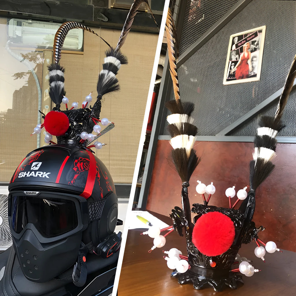 Black crown feather motorcycle helmet decoration with adjustable length options for helmet personalisation