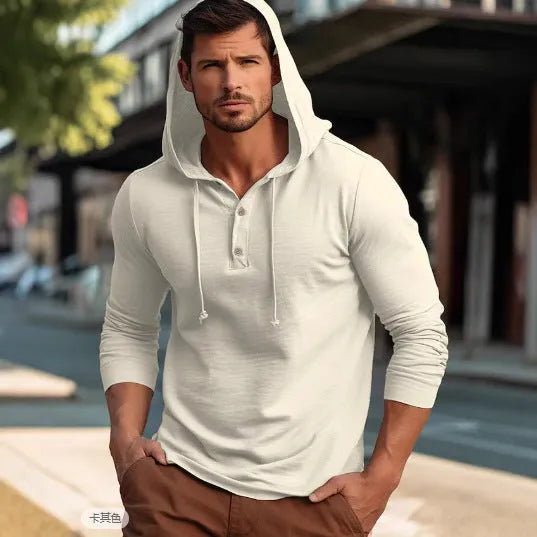 Cotton pullover hoodie in dark blue with long sleeves and European/American sizing
