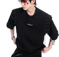 Deconstruction style short sleeve T-shirt with lace-up cutout detailing in black.