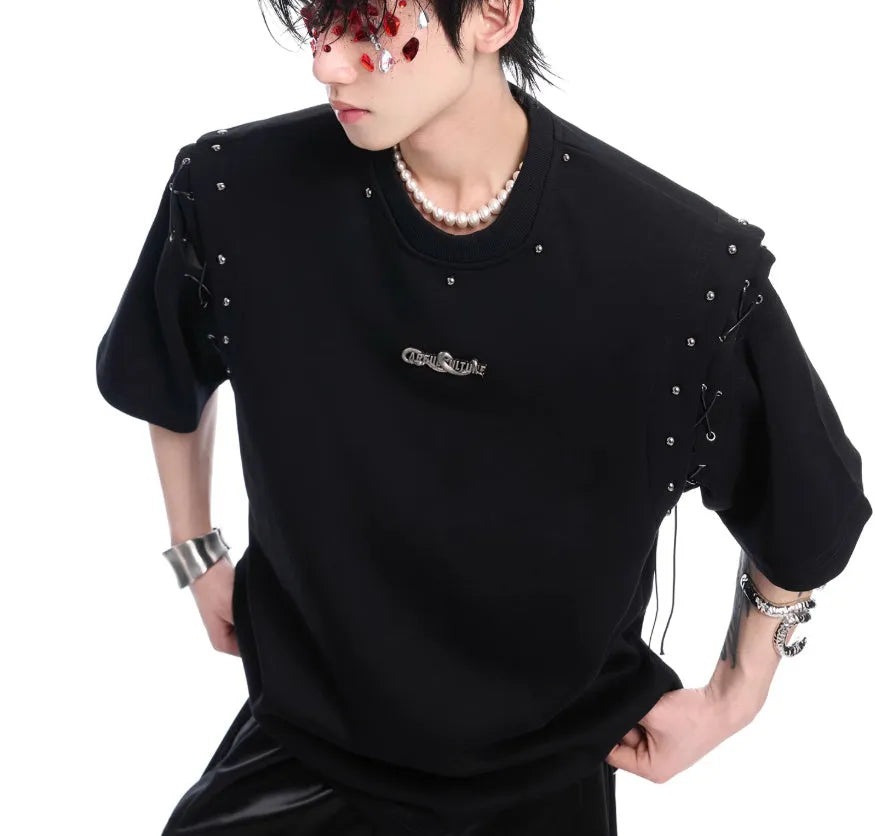 Deconstruction style short sleeve T-shirt with lace-up cutout detailing in black.