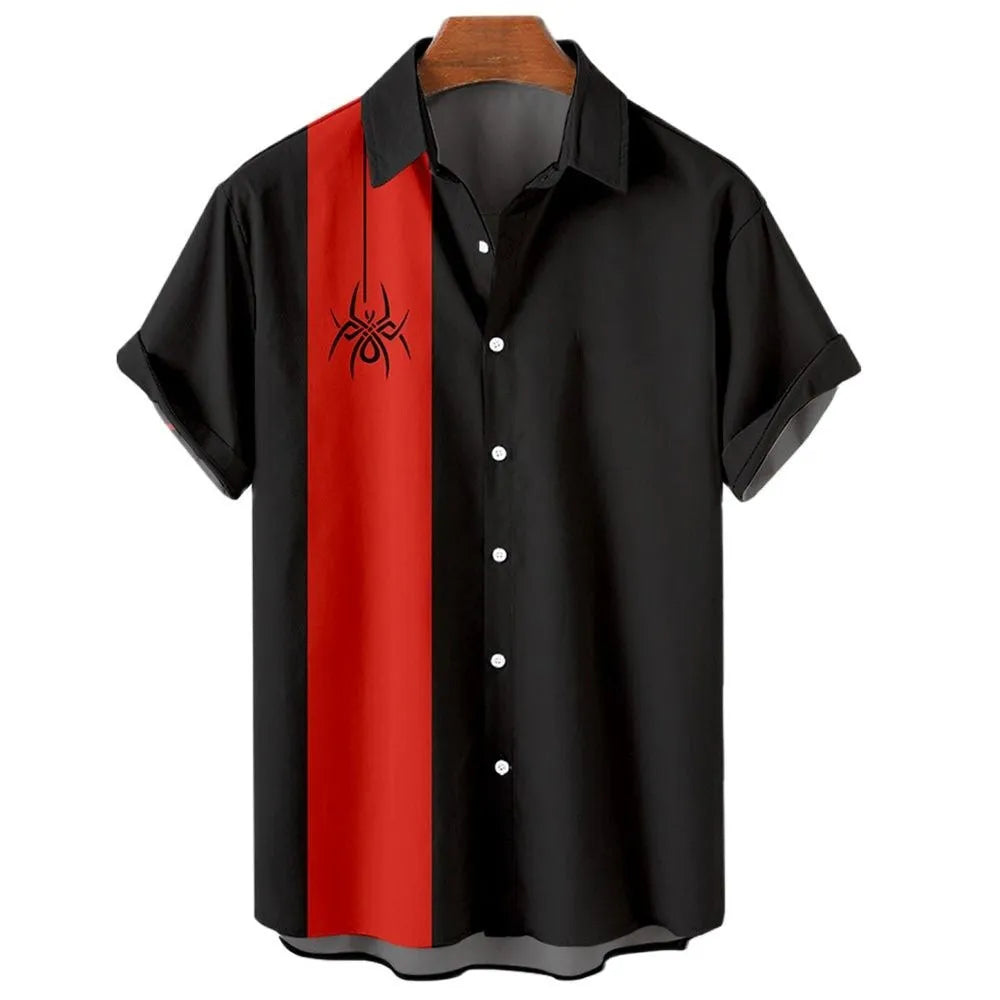 Men's striped Hawaiian short sleeve casual shirt on a hanger.