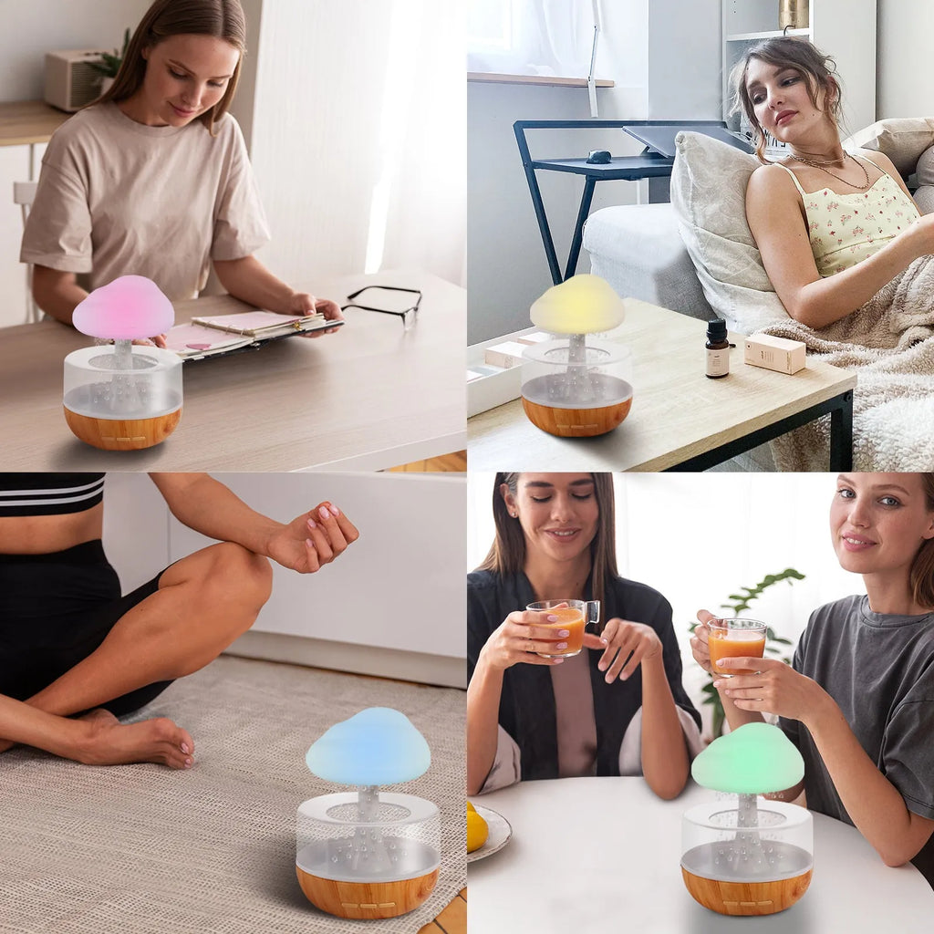 White cloud-shaped humidifier with LED lights and essential oil diffuser