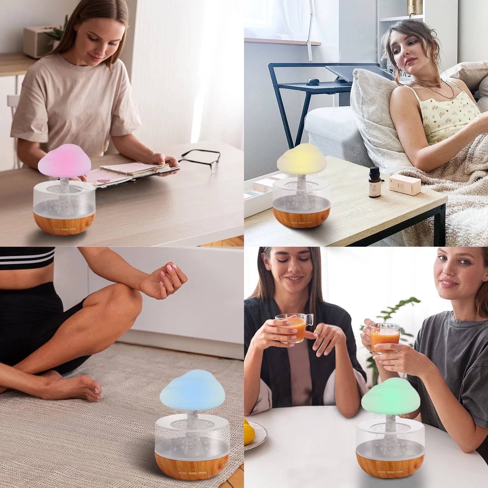White cloud-shaped humidifier with LED lights and essential oil diffuser