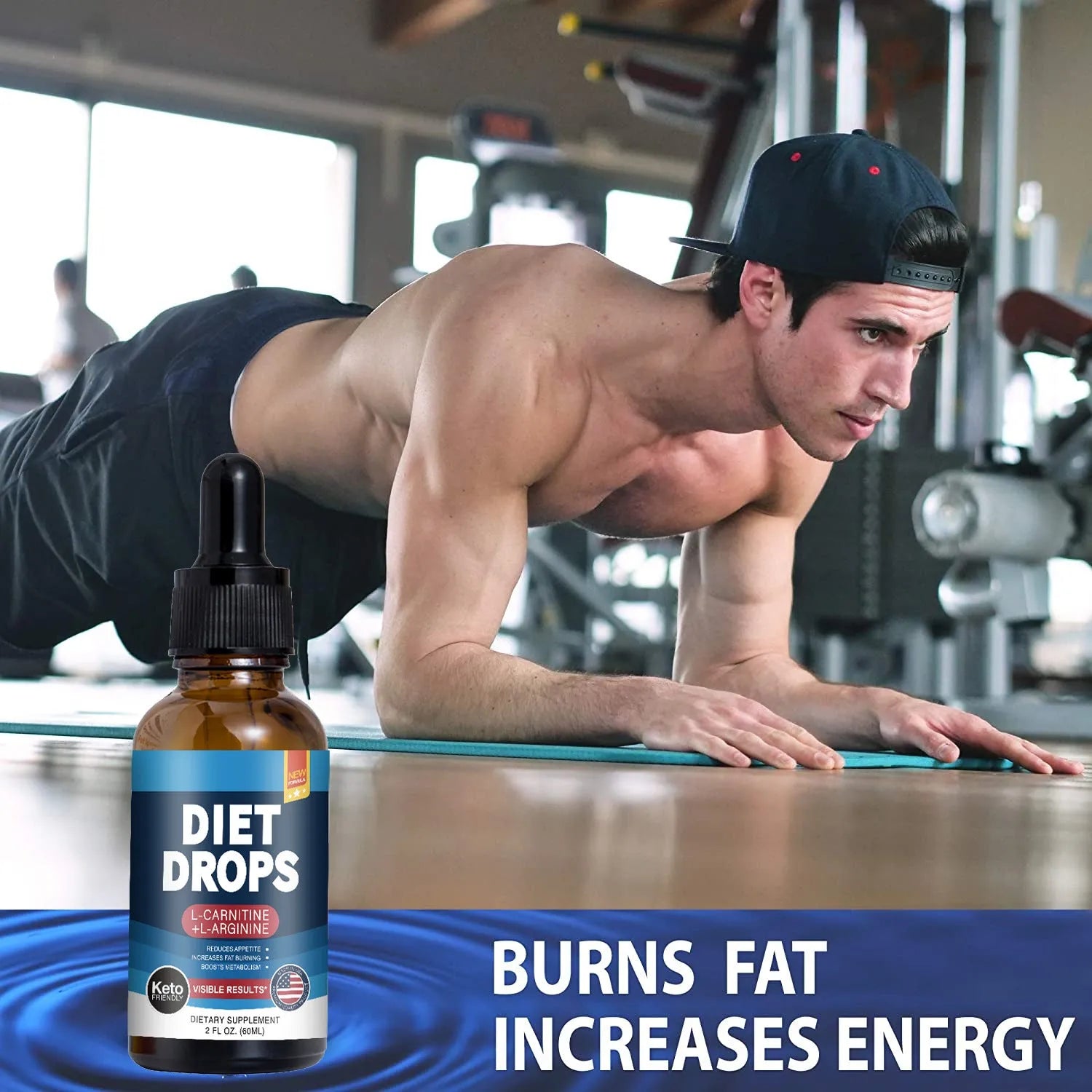 60ml glass bottle of ketone drops, a liquid dietary supplement for keto diets.