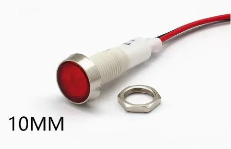 10mm stainless steel edge LED indicator light with wire and flat metal lens in multiple colours.