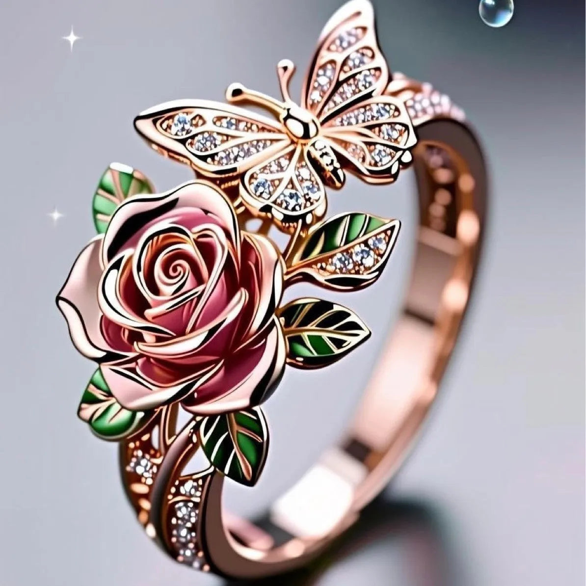 Adjustable fairy style butterfly ring with colourful oil-dipped effect and floral modelling