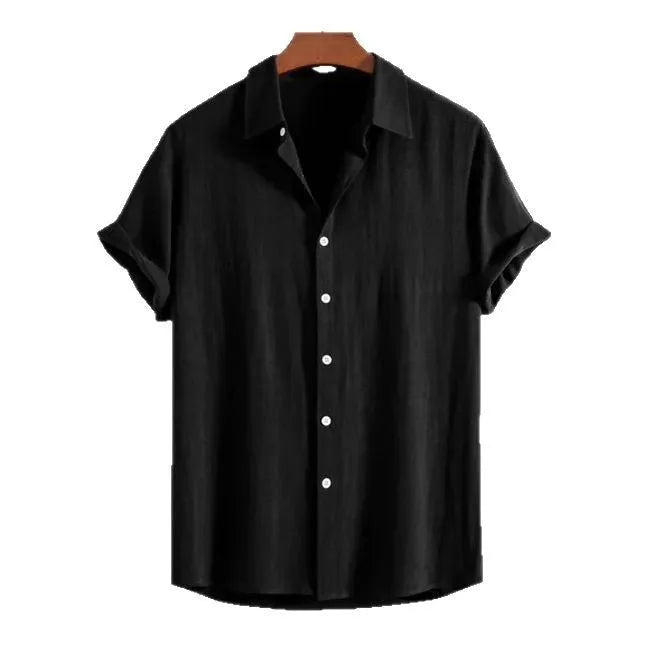Man wearing a loose-fit black short sleeve casual cardigan for summer.