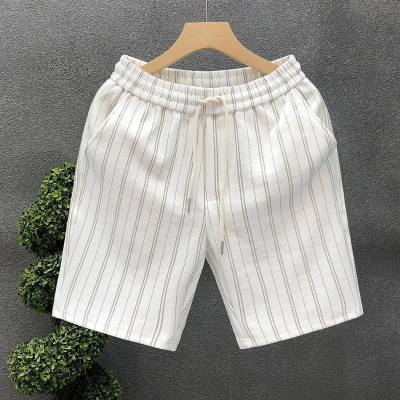 Men's black and white striped casual shorts with micro-elastic fabric and double-layer waistband