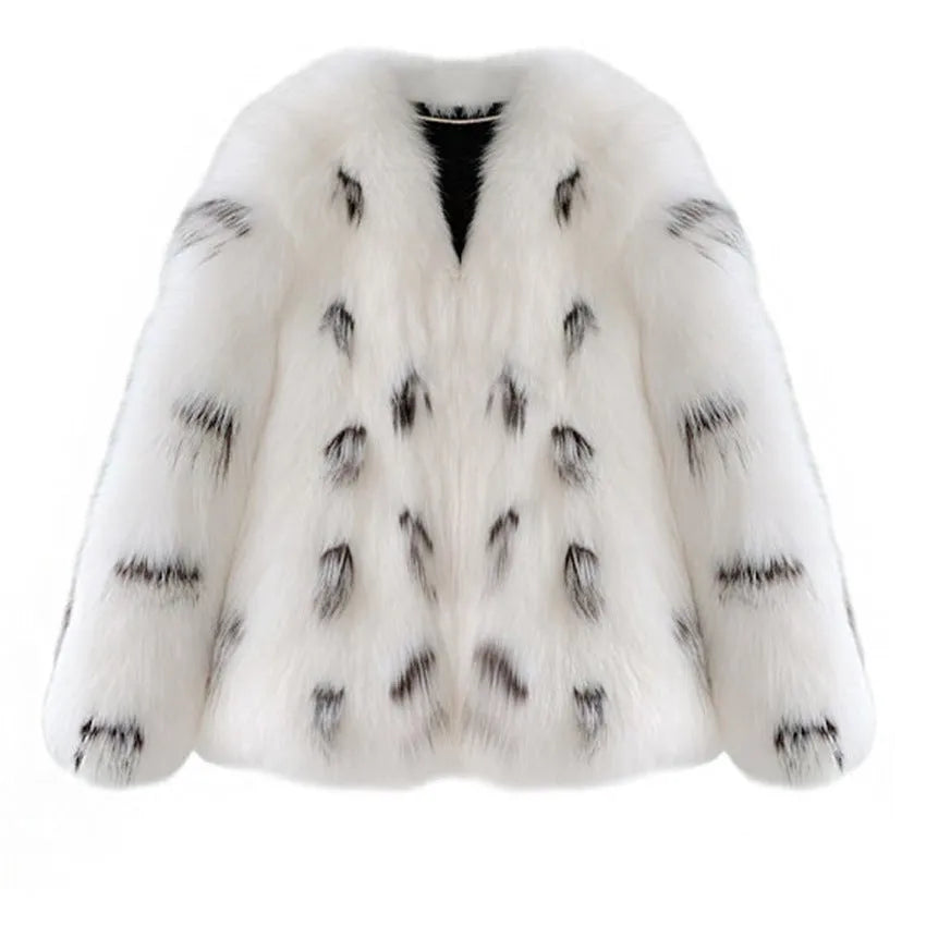 Black and white raccoon pattern faux fur coat for women in a Korean slim fit, plus size.