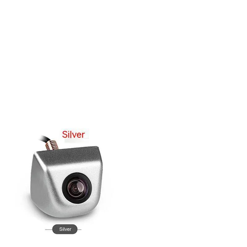 Screw plug-in HD car rearview camera with metal shell in black, shown with cable and mounting screws.