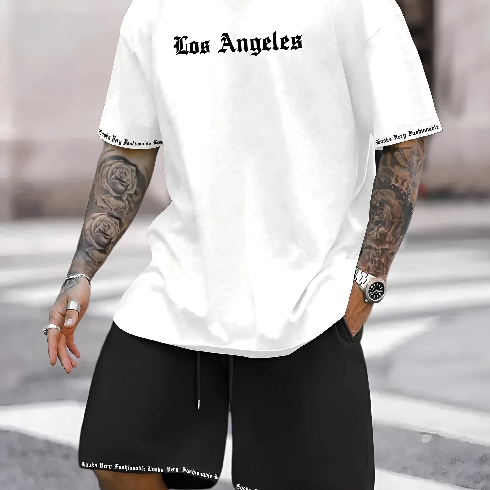 Men's printed sports shorts suit with short-sleeved top in multiple colour options