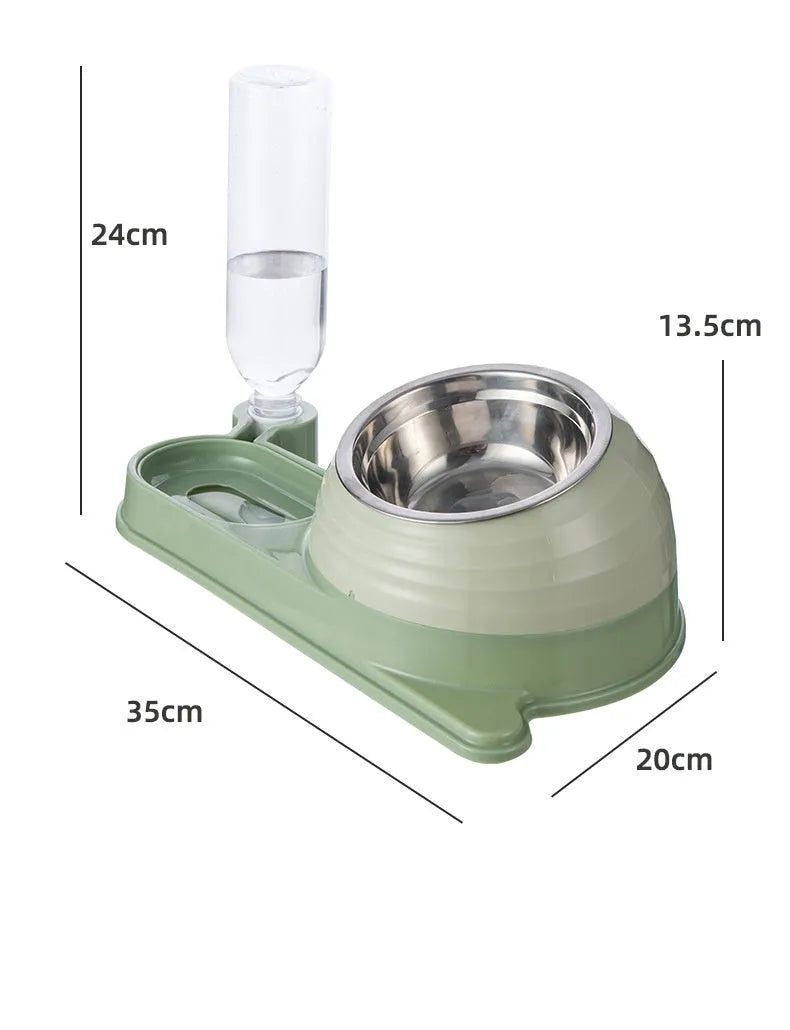 Brown elevated cat bowl with water dispenser bottle for automatic feeding