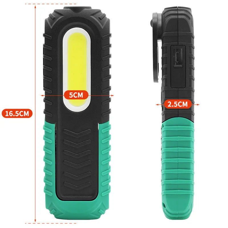 Black and green PET-coated auto repair work light with USB charging port and compact 165mm design