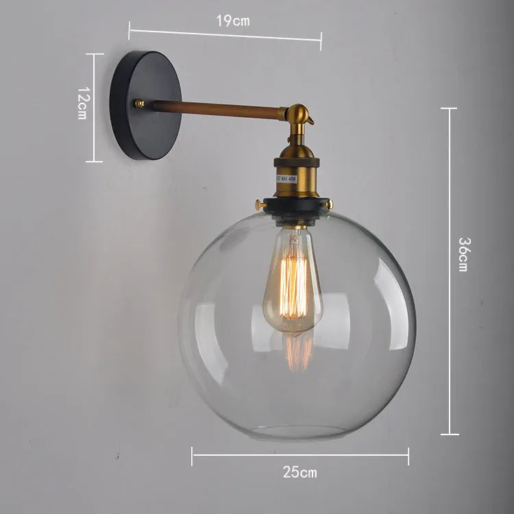 20cm round ball glass wall lamp with aluminium holder in amber, grey or clear colour