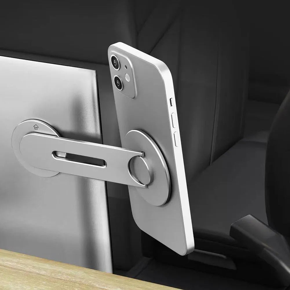 Silver aluminium alloy magnetic car phone holder with 180-degree flip bracket for Tesla dashboard mounting