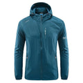 Men's thin nylon hooded summer top in light grey on a hanger