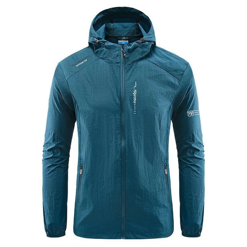 Men's thin nylon hooded summer top in light grey on a hanger