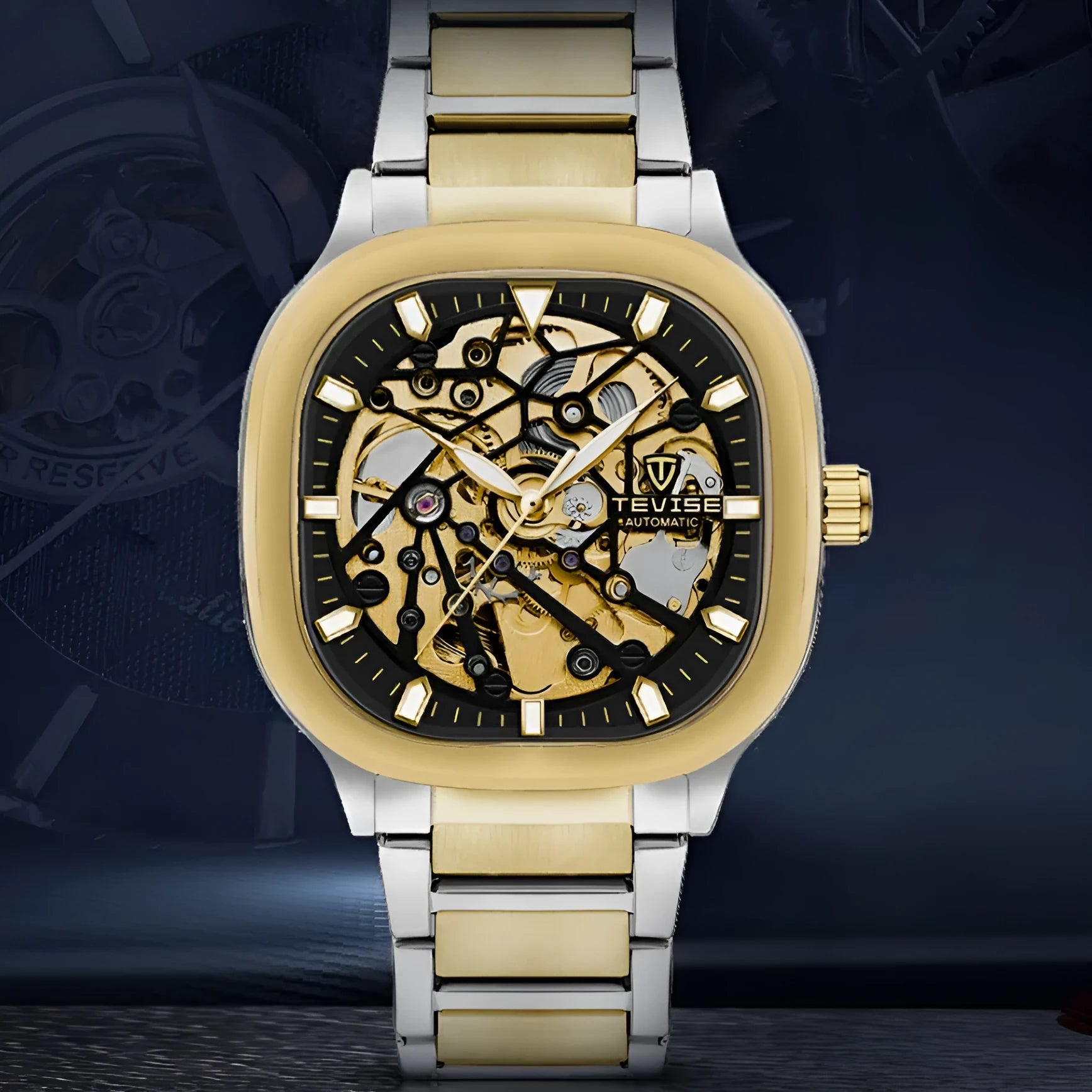 Men's square automatic watch with luminous markers and stainless steel strap in blue colour