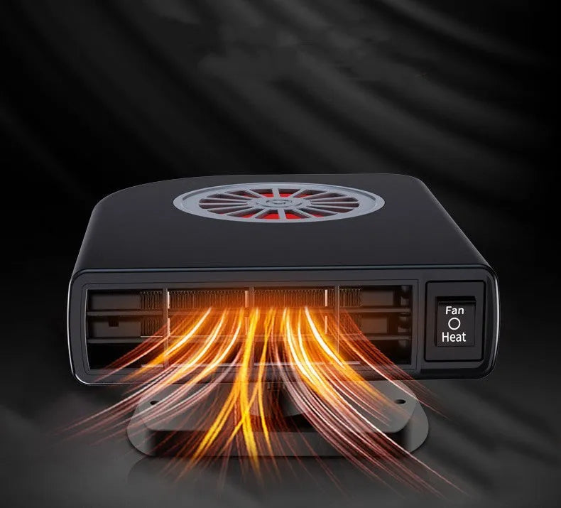 Black compact vehicle-mounted heater for car defrosting and defogging with 360-degree rotation.