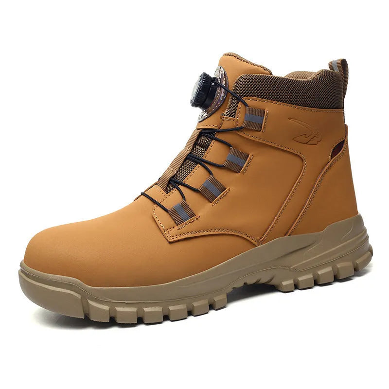 Lightweight labour protection safety shoes with leather upper and rubber sole in black, yellow and grey colours
