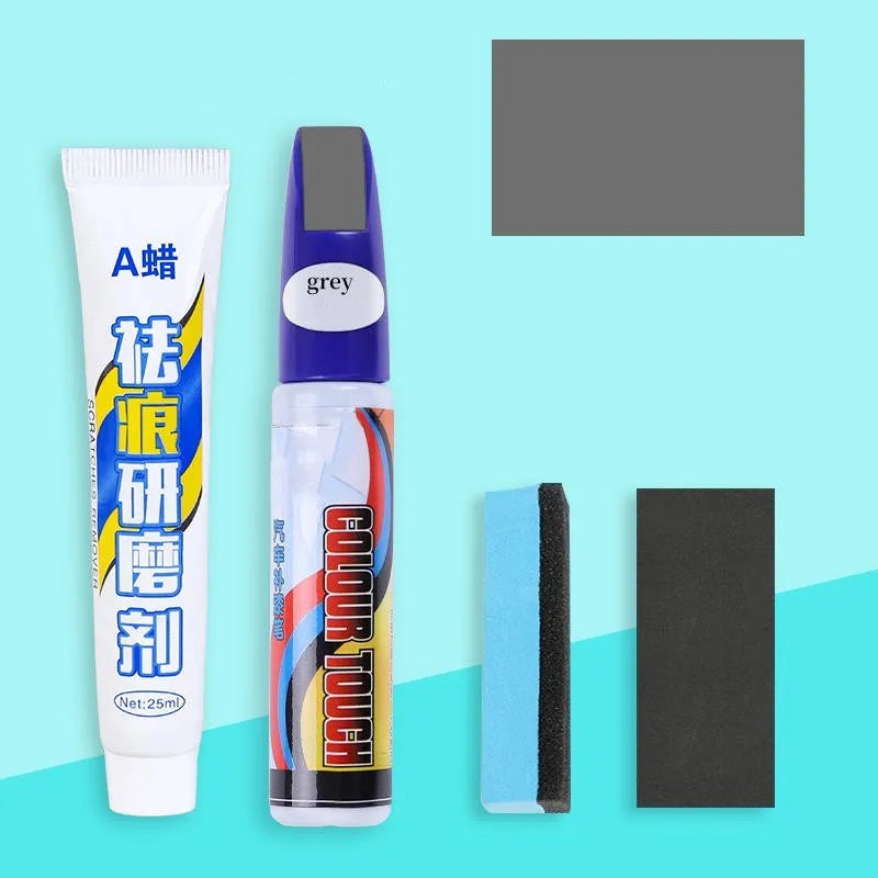 Automotive scratch repair kit with paint pen, wax tube, sponge, and sandpaper for DIY car paint touch-up.