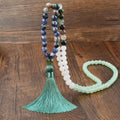Handmade long beaded necklace with 108 natural stone tassels in bohemian style.