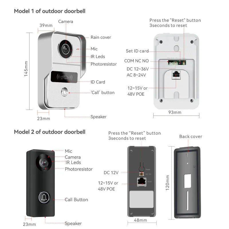 10-inch video intercom doorbell system with outdoor camera unit and indoor display monitor
