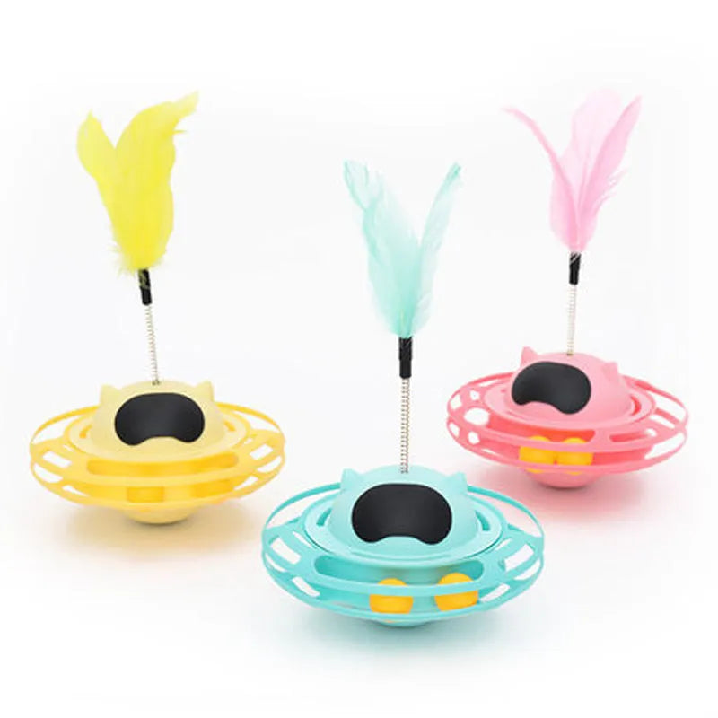 Pink cat stick toy with self-hi tumbler turntable measuring 17 cm by 10 cm