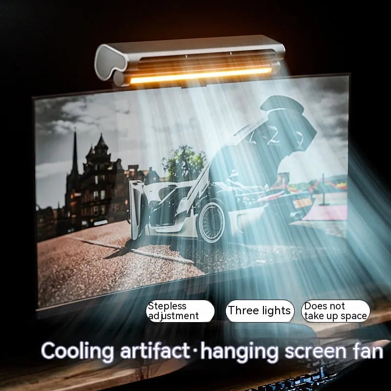Black bladeless USB fan with clip attached to laptop screen showing lighting lamp function