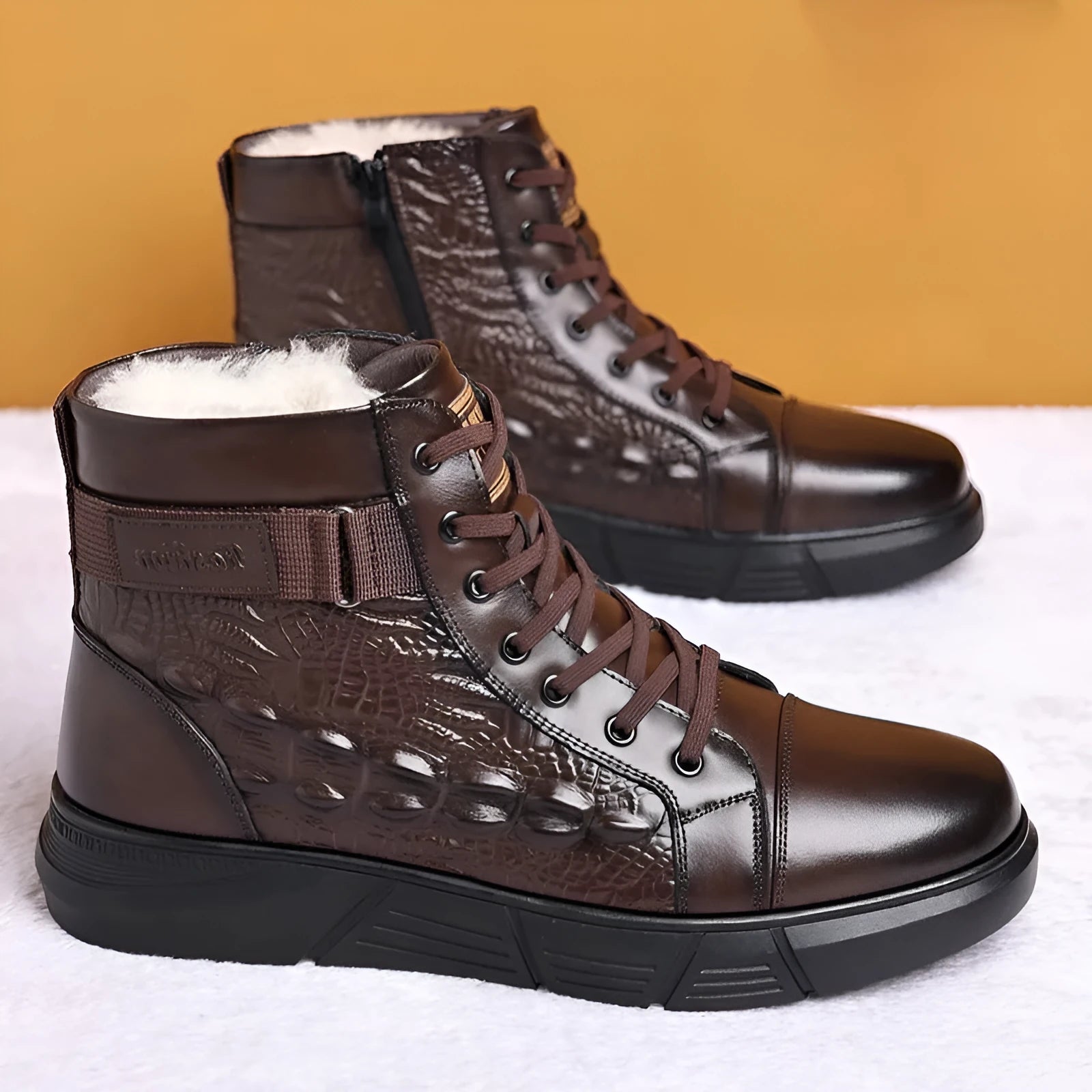 Black velvet style fur-lined snow boots with genuine leather upper and lace-up front design