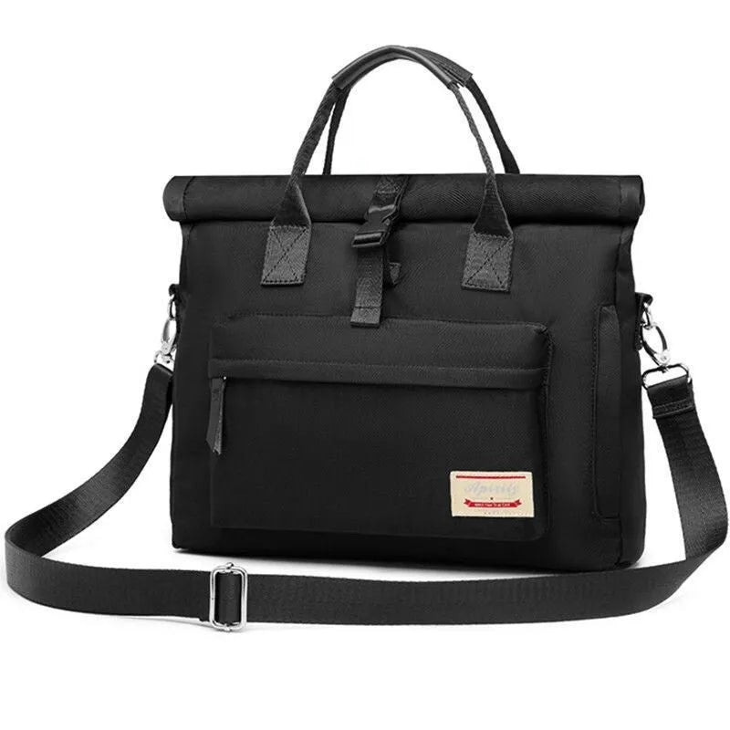 Shockproof waterproof nylon laptop bag in black colour showing medium and large size options