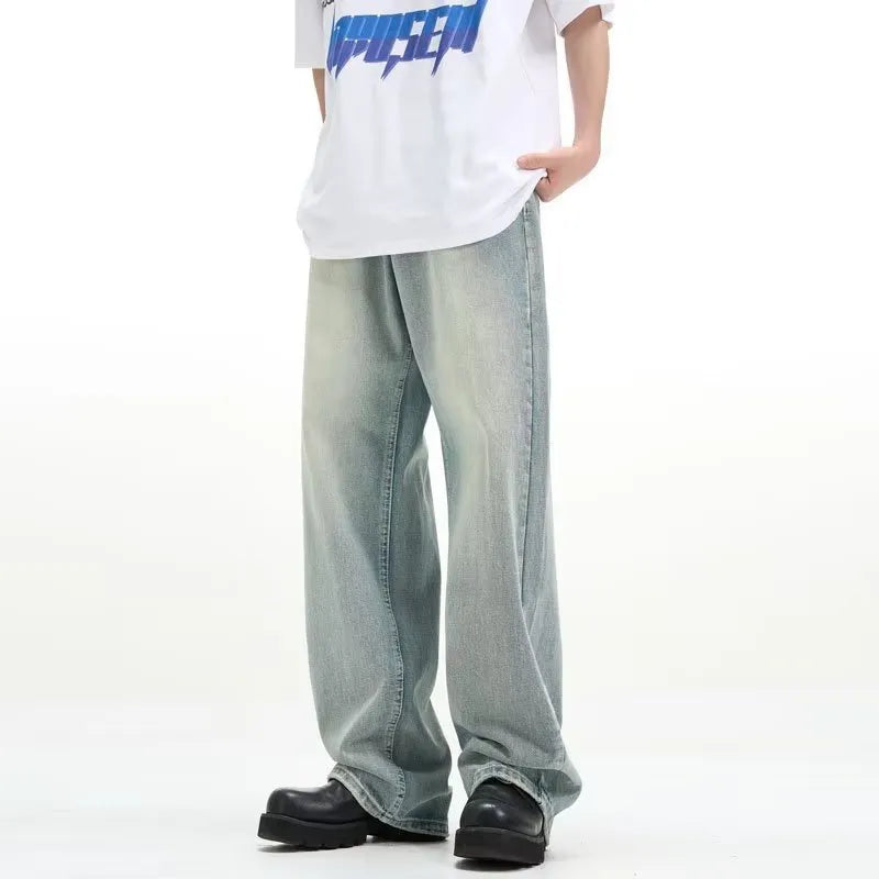 Blue retro trousers with rabbit fur fabric in loose casual fit showing high elasticity