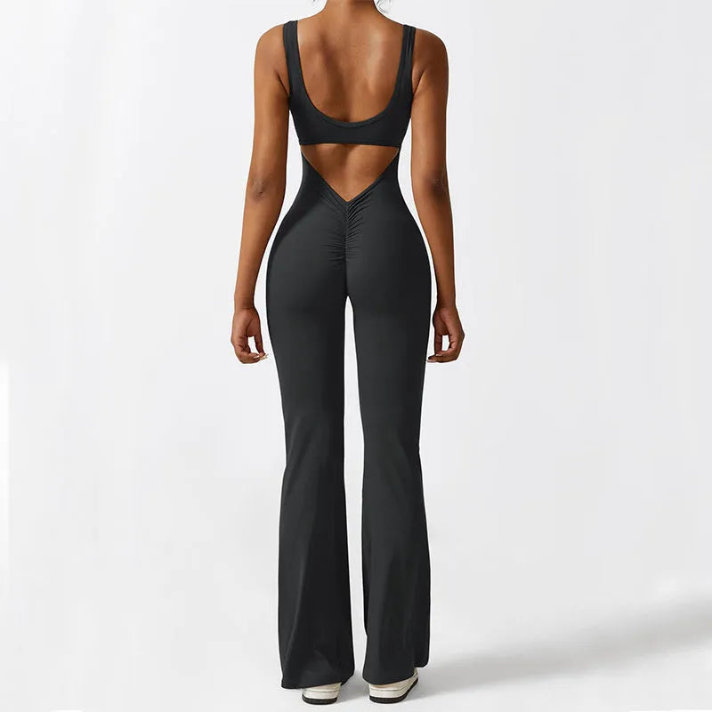 Women's sleeveless flare jumpsuit in polyester for fitness and yoga