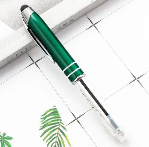 Red multifunctional metal ballpoint pen with capacitive stylus tip and LED light