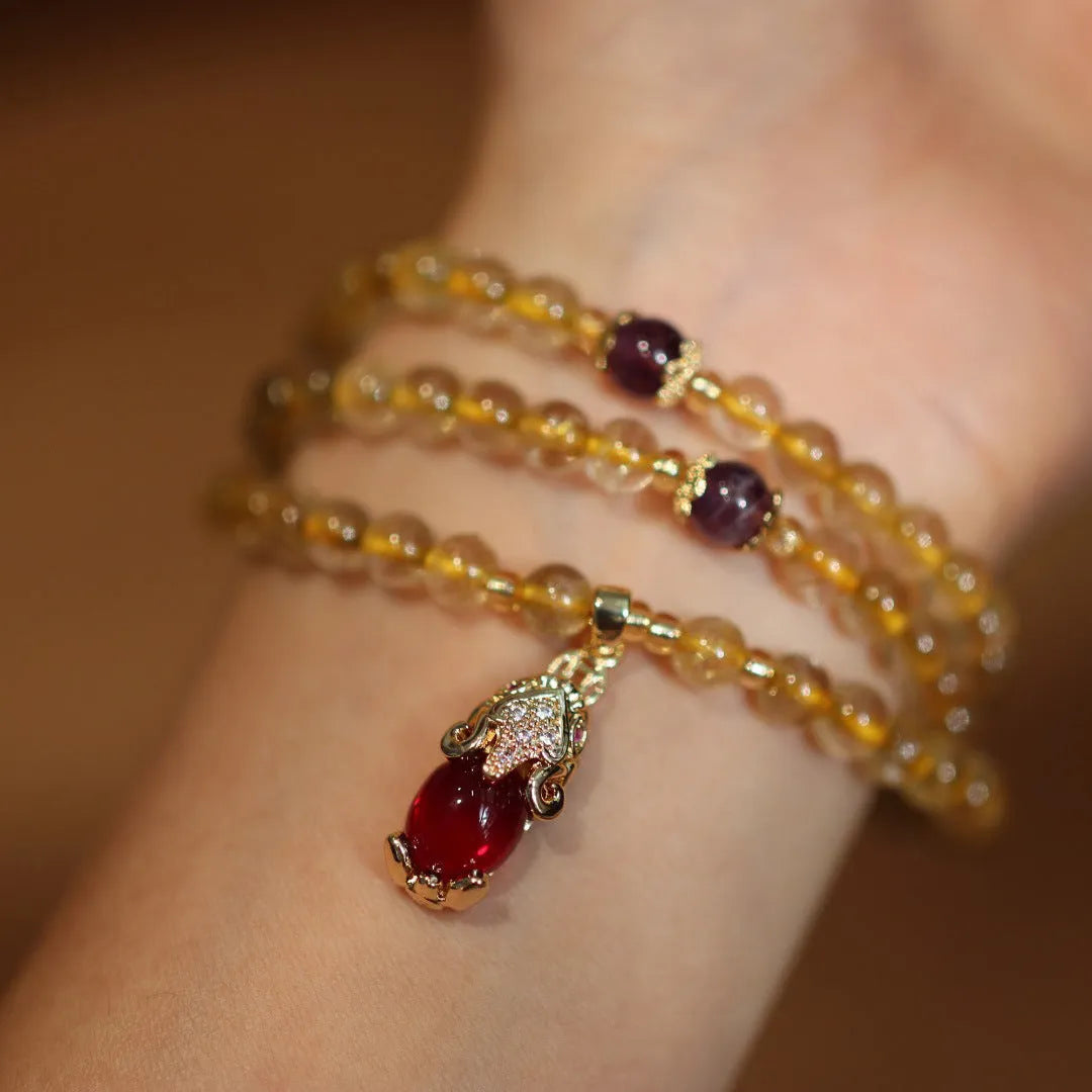 Natural Brazilian gold rutilated quartz bracelet with three circles and chopstick pendants in Chinese style