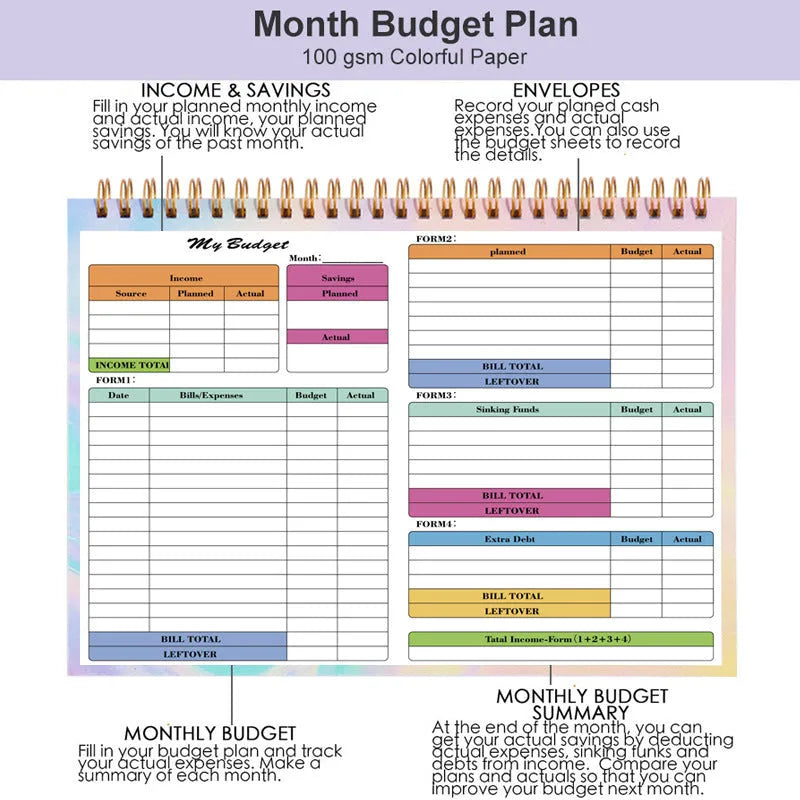 B5 size blue spiral bound budget notebook with PP cover for recording income and expenditure.
